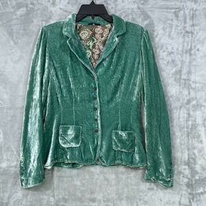 Eli Tahari Green Crushed Velvet Blazer SMALL Fitted Snap Button Y2K Boho Chic